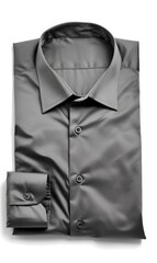 A charcoal gray, long-sleeved dress shirt is neatly folded and laid flat on a white background; the cuffs are folded back