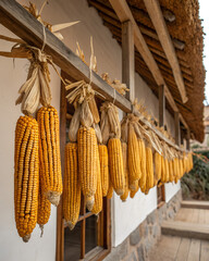 Golden ears of corn drying outdoors on a wooden beam