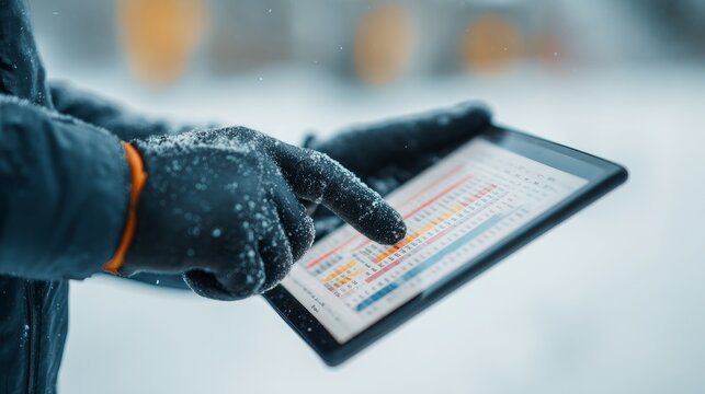 A person analyzes data on a tablet outdoors amidst a snowy landscape, close-up view capturing their focused expression and the cold environment, highlighting technology usage in winter conditions for