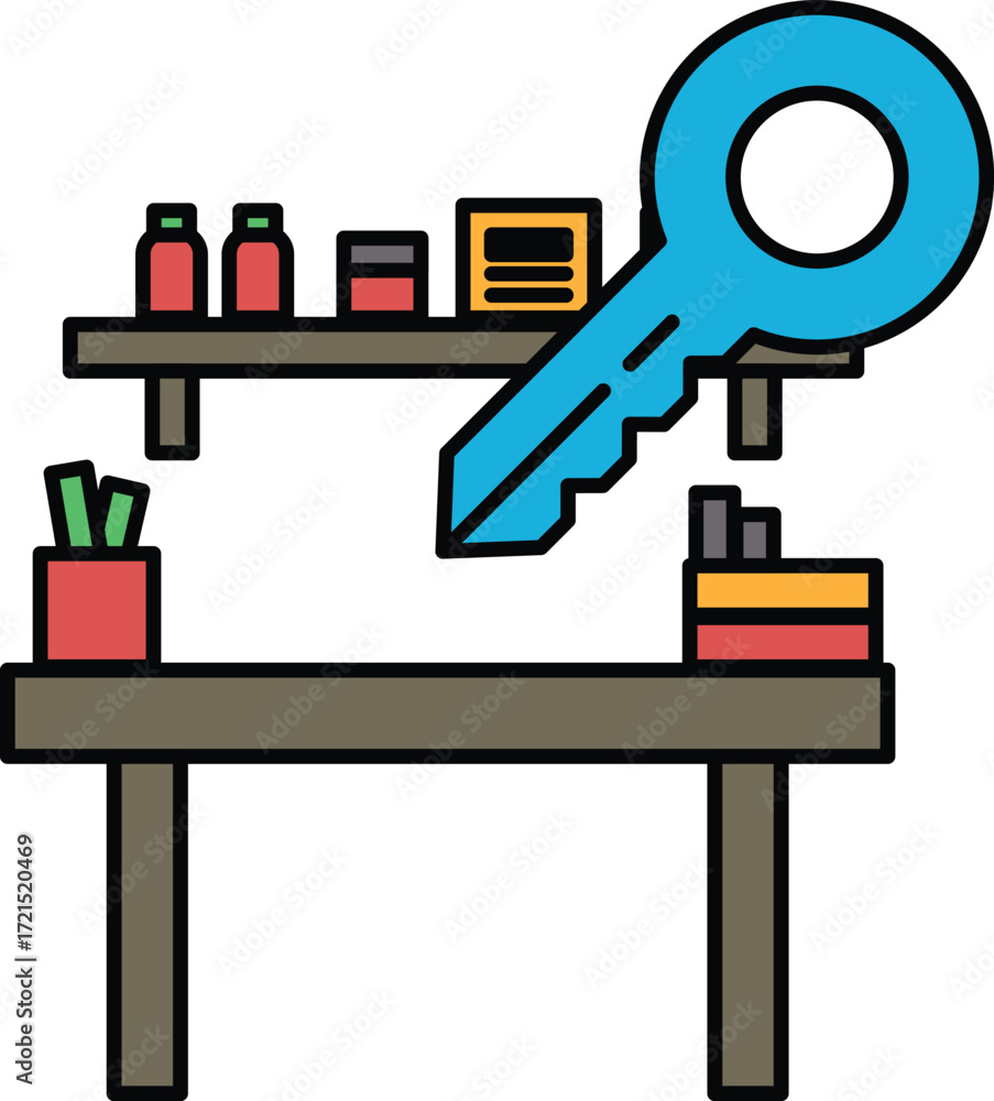 Poster a key is on a desk with a shelf above it