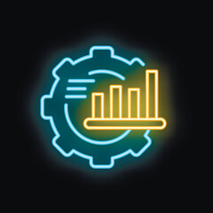 Neon sign representing a growing bar chart displayed over a cogwheel setting, in yellow and blue neon light on a black background