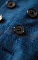 Close-up view of dark blue fabric with four dark brown buttons, showcasing texture and detail