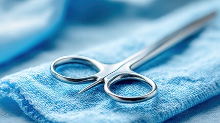 Close-Up of Sharp Stainless Steel Scissors on Soft Blue Fabric