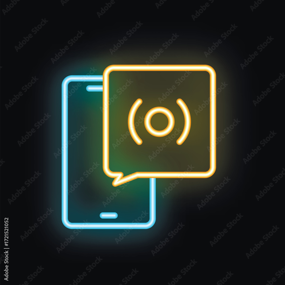 Poster neon sign mobile phone showing recording in progress symbol with speech bubble on black background