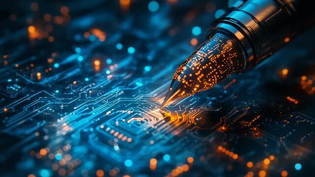 Futuristic pen on glowing circuit board close-up