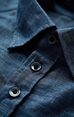 Close-up of a dark blue linen shirt's collar and top button placket, showcasing the fabric's texture and the subtle variations in its shade