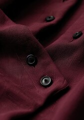 Close-up of a deep burgundy garment's textured fabric showing a series of dark buttons along a placket
