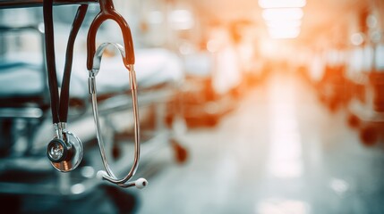 Close-Up of Stethoscope Hanging in Bright Hospital Corridor