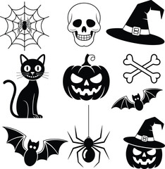 Halloween icon illustration, black and white spooky symbols pumpkins ghosts bats witches hats skulls spider web grid layout, vector clipart
