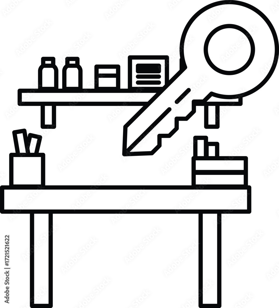 Poster a key is on a desk with a shelf above it