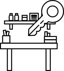 A key is on a desk with a shelf above it