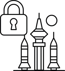 A black and white drawing of a lock, a building, and a rocket