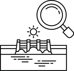 A black and white drawing of a bridge with a magnifying glass on it