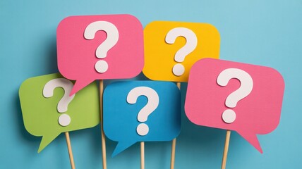 Colorful question mark speech bubbles, on blue background, flat lay, vibrant design, FAQ concept