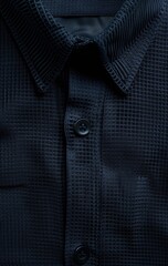 Close-up of a dark-blue, textured button-up shirt's collar and upper chest area, showcasing the fabric's waffle-like pattern and subtle sheen