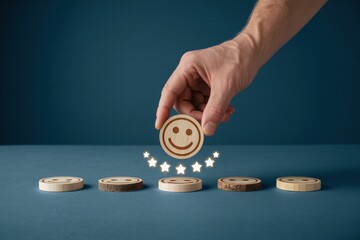 Fototapeta premium Hand placing happy face wooden token, with star rating, on blue background, minimalist design, customer satisfaction concept