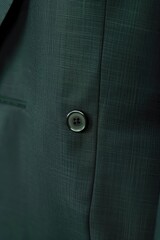Close-up of a dark-green, textured fabric, showcasing a single, four-holed button; subtle textural details and a smooth, matte finish are visible