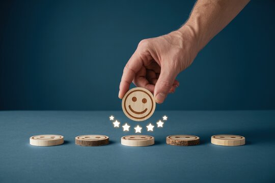 Hand placing happy face wooden token, with star rating, on blue background, minimalist design, customer satisfaction concept