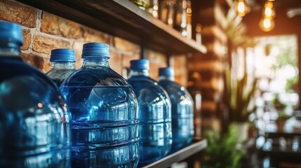 Fresh Clear Water Bottles on Shelf in Rustic Cafe Interior Design