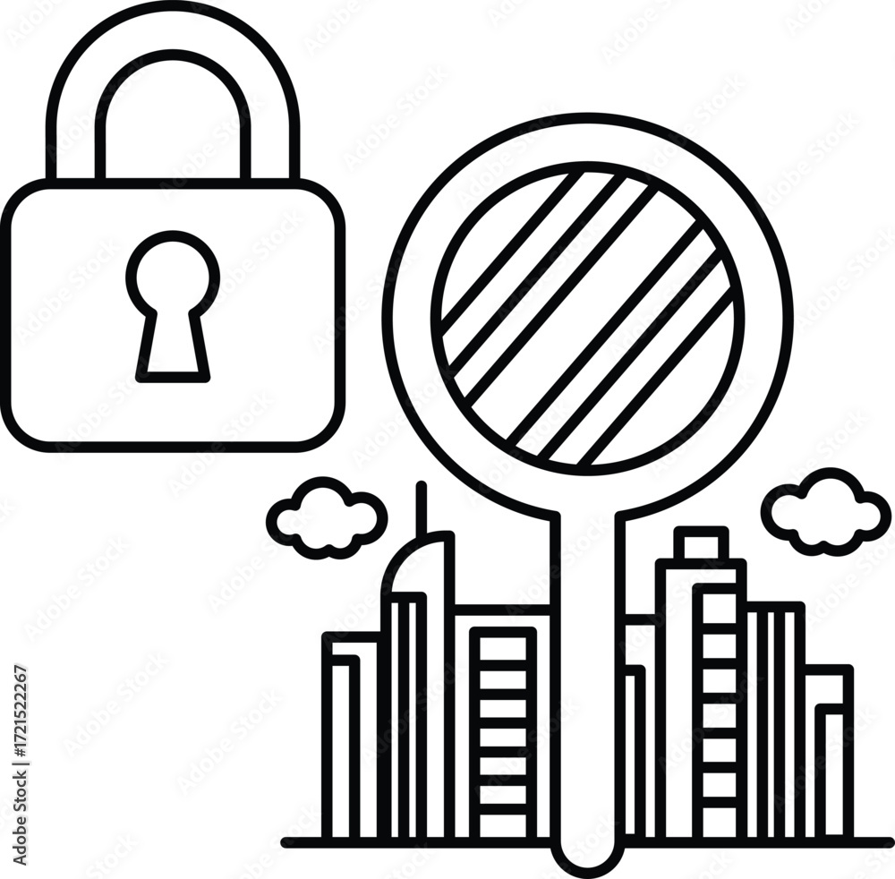 Poster a black and white image of a key and a mirror with a city in the background