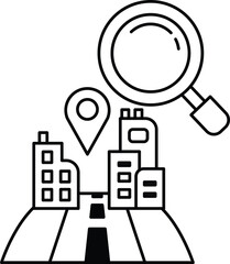 A black and white drawing of a city with a magnifying glass over it