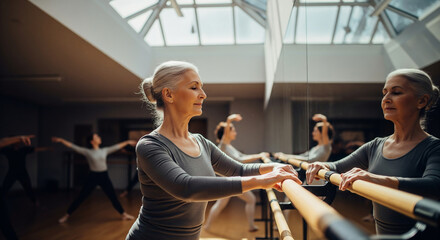 Graceful senior woman with grey hair practicing ballet at the barre in a sunlit dance studio, enjoying an active and healthy lifestyle