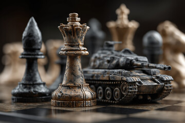 Échiquier de guerre symbolique avec pièces transformées en armes militaires, métaphore visuelle de stratégie, conflit et rivalité