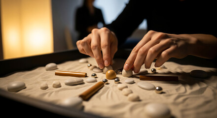 A person practicing mindfulness with a miniature zen garden, using sandplay therapy as a creative tool for stress relief and self-expression