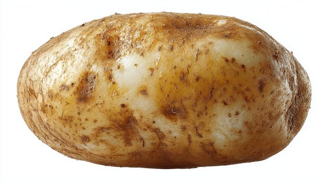 Close up view of a baked potato, showing its browned and textured skin against a plain white backdrop.