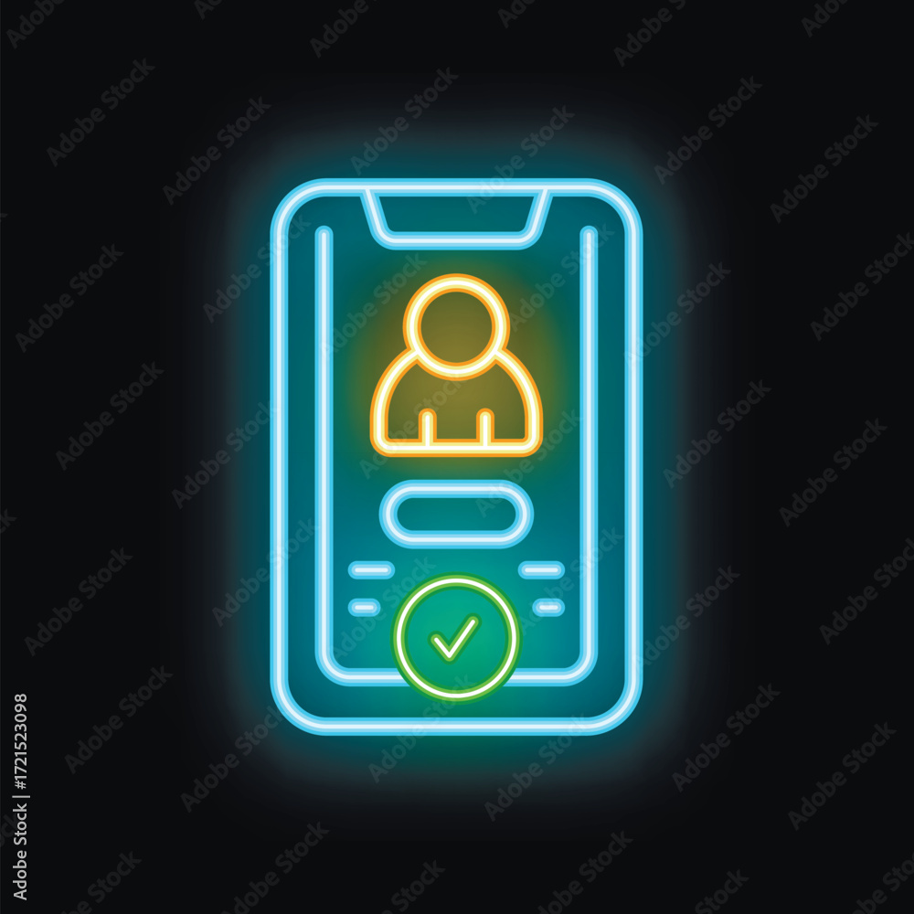 Aufkleber neon sign showing smartphone displaying user profile with check mark confirming successful login or 