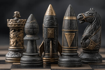 Échiquier de guerre symbolique avec pièces transformées en armes militaires, métaphore visuelle de stratégie, conflit et rivalité