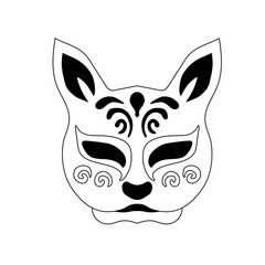 Stylized black and white line art of a Japanese Kitsune fox mask with traditional swirling decorative elements and pointed ears