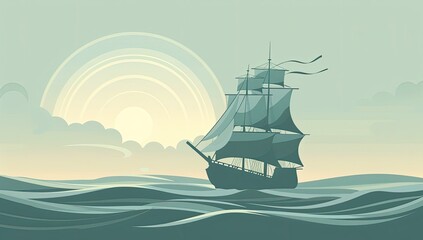 A stylized illustration of a sailing ship at sea during sunrise or sunset, depicted with muted greens and blues, conveying a sense of calm and adventure