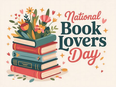 Celebrate national book lovers day with a stack of books and blooming flowers