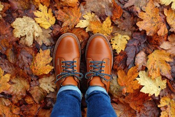 Person wearing brown boots standing on autumn leaves background in forest floor scene. fall season concept