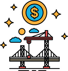 A black and white drawing of a bridge with a dollar sign in the middle