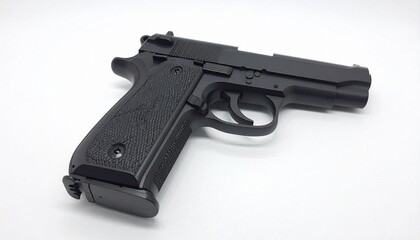 Render a compact black semi-automatic handgun with textured grip, serrated slide, and trigger guard, isolated on a clean white background to emphasize precision, control, and tactical design.