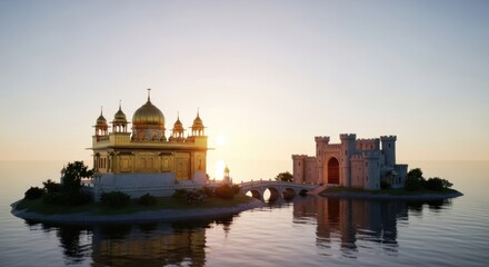 Fototapeta premium Historic Castle and Mosque on Small Island at Sunset in Water