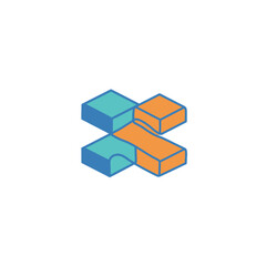 Obraz premium A modern abstract isometric logo featuring interlocking blue and orange geometric blocks, symbolizing digital innovation and technological connectivity.