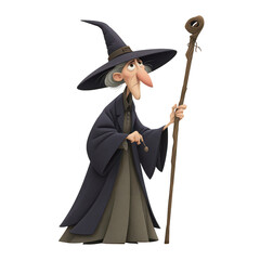 Mysterious old fantasy witch character with magic wand and tall hat. classic cartoon illustration of spooky crone sorceress standing alone, looking very grumpy