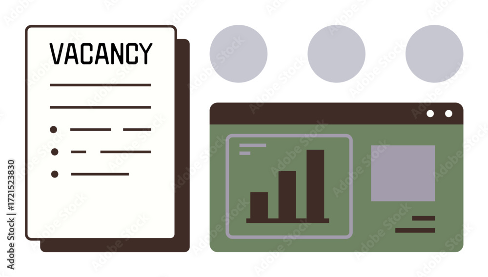 Poster job vacancy document with bullet points next to bar chart analytics on a green browser screen. ideal