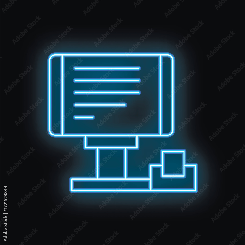 Aufkleber blue neon icon of a billboard displaying text with a stack of papers underneath, isolated on a black