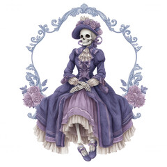 Obraz premium Somber skeleton lady in vintage purple victorian dress. This elegant gothic ghost illustration features an ornate floral frame, creating macabre and beautiful portrait