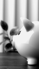 Simple piggy bank stands on a table near green plant