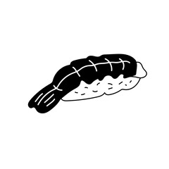 Simple black and white illustration of a shrimp sushi nigiri on a transparent background, perfect for food blogs and restaurant menus.