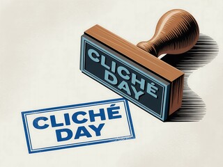 Wooden rubber stamp imprinting the words clich day in blue ink on a white surface
