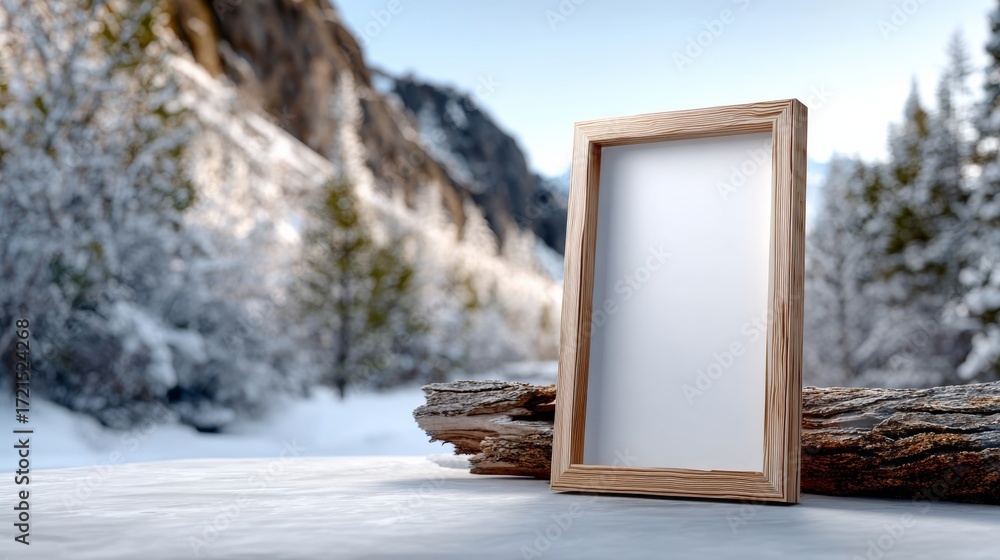 Poster wooden frame with a white background is placed on a log in a snowy forest. the frame is empty, givin