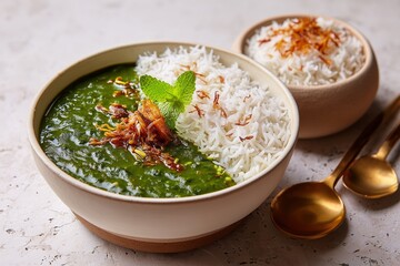 Spinach (Palak) dal with basmati rice, garlic tadka, coriander garnish, minimal terrazzo setting