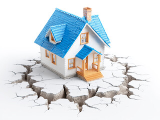 3D cartoon illustration of a house with a blue roof on the ground, cracked by an earthquake, against a white background,