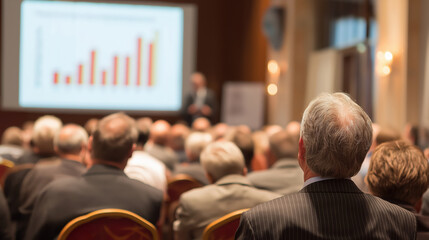 Audience Attending Business Presentation with Bar Graph on Screen